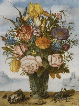 Klassik Blumen Werke - Bosschaert Ambrosius Blumenblumenstrauß auf einem Felsvorsprung GEMEINSAM mIT eINEM SHELL uND einem Grashüpfer